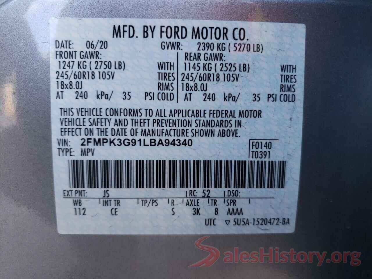 2FMPK3G91LBA94340 2020 FORD EDGE