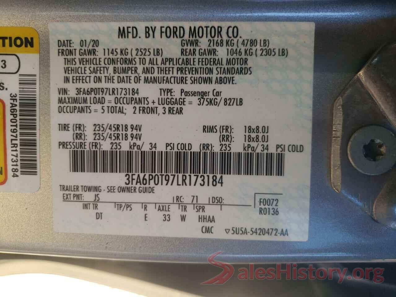 3FA6P0T97LR173184 2020 FORD FUSION