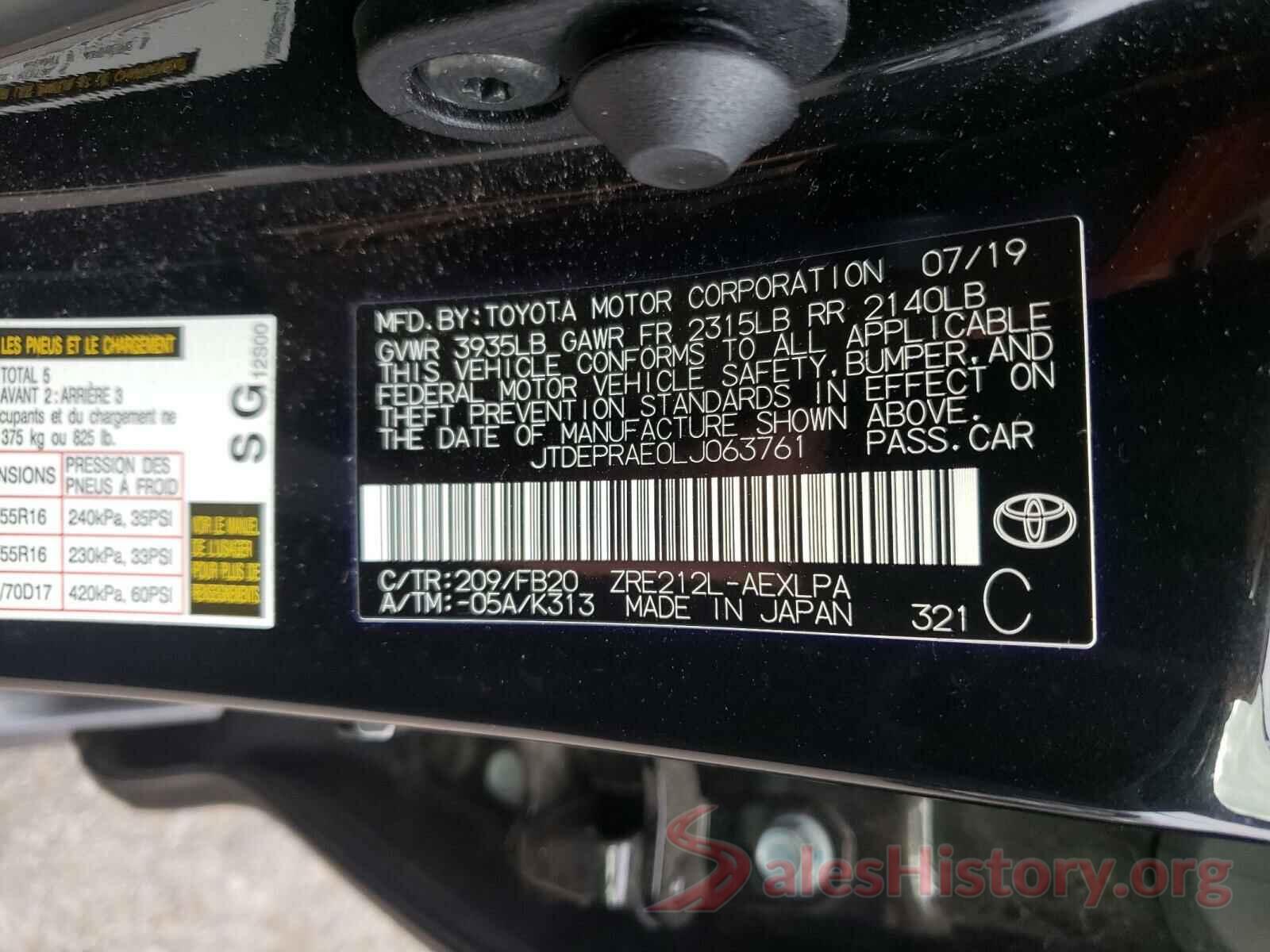 JTDEPRAE0LJ063761 2020 TOYOTA COROLLA