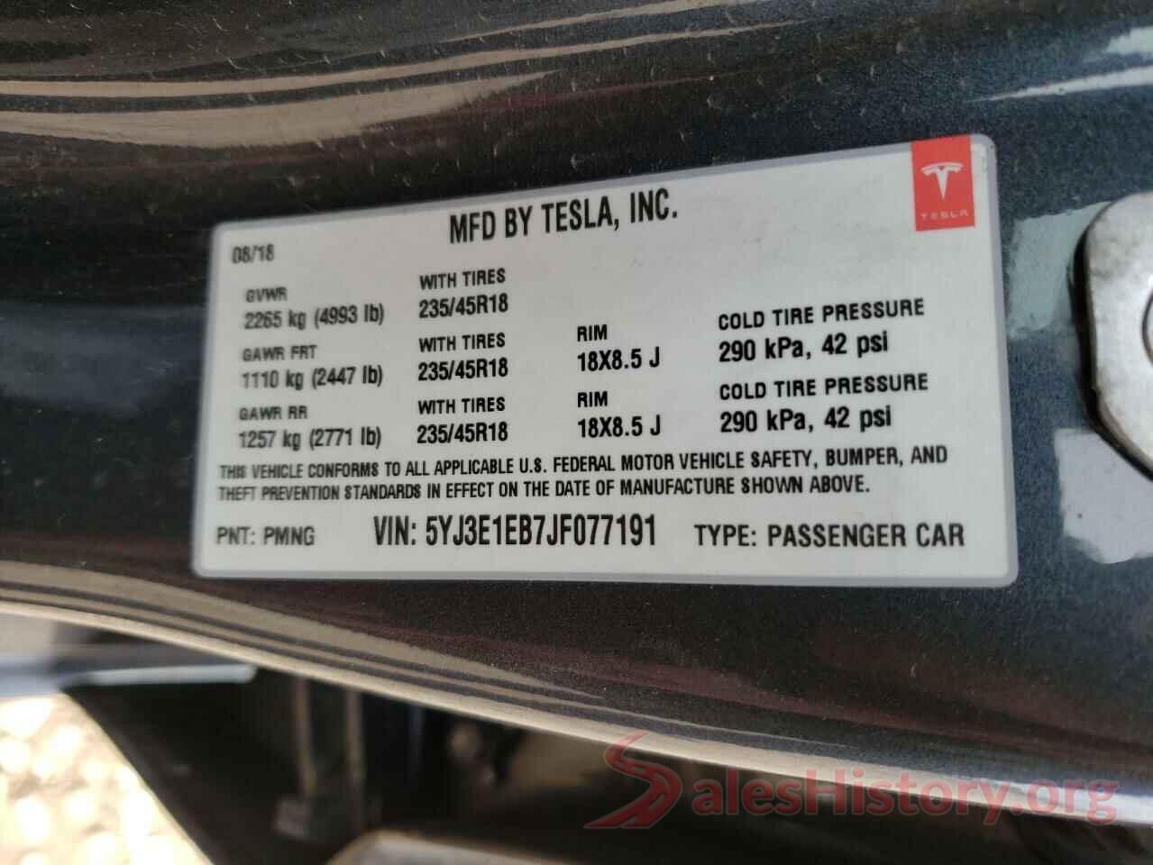 5YJ3E1EB7JF077191 2018 TESLA MODEL 3