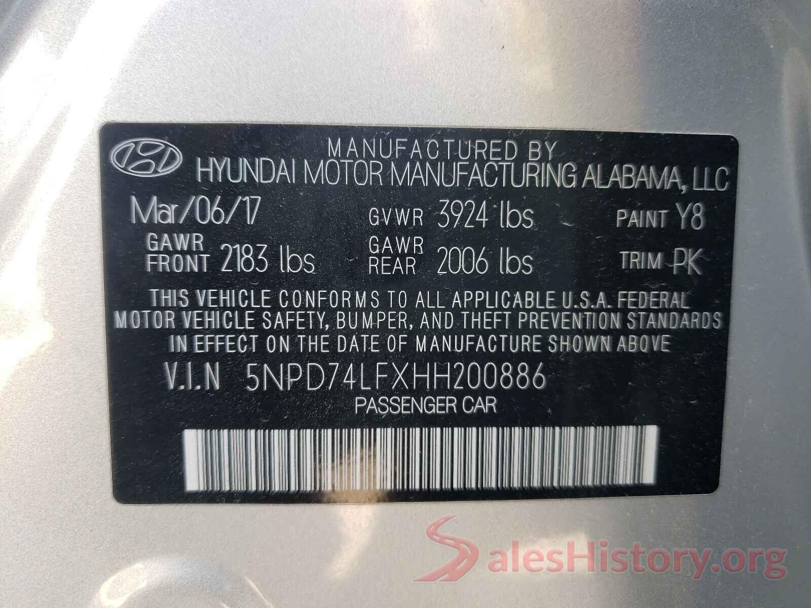 5NPD74LFXHH200886 2017 HYUNDAI ELANTRA