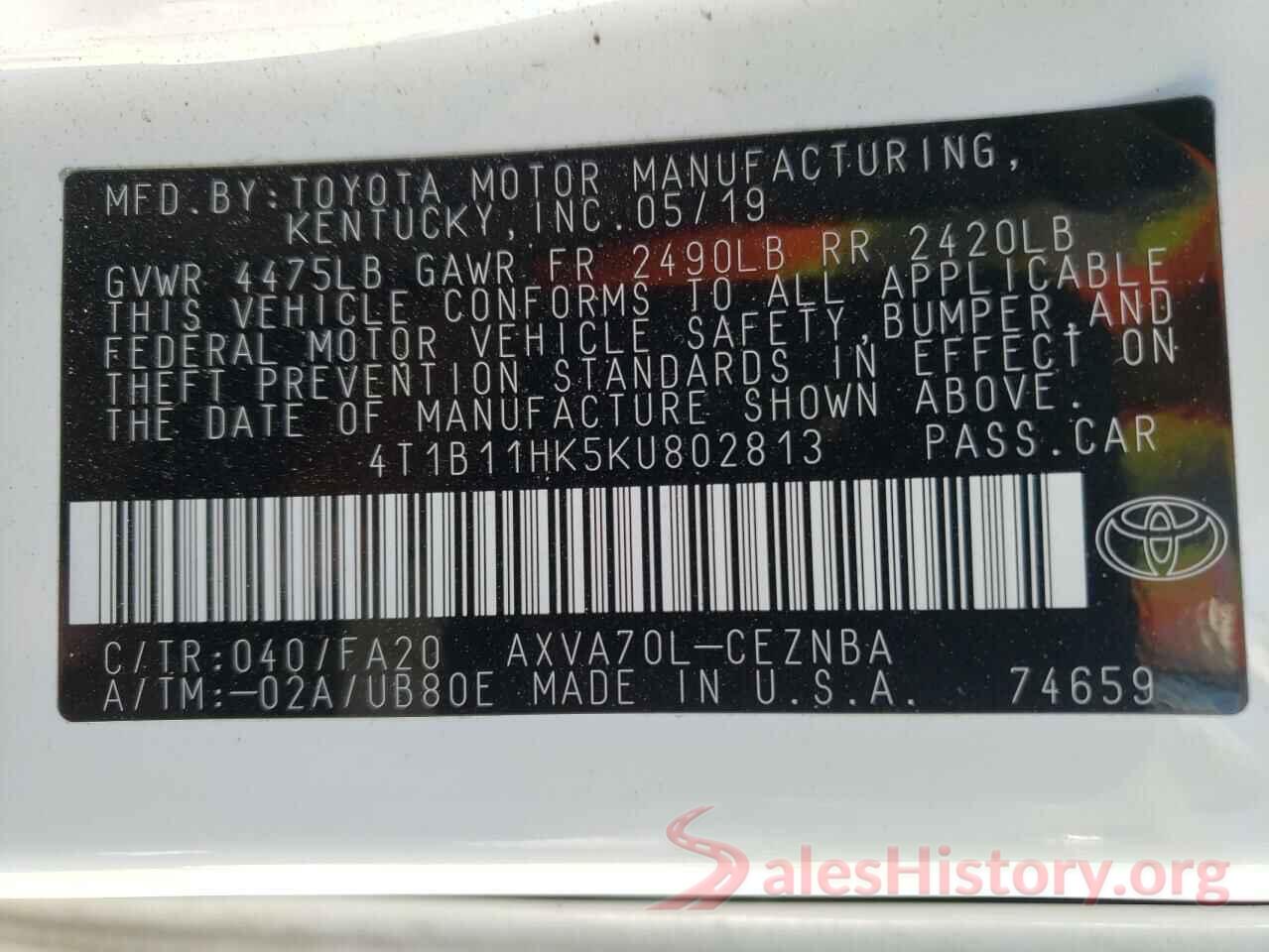 4T1B11HK5KU802813 2019 TOYOTA CAMRY