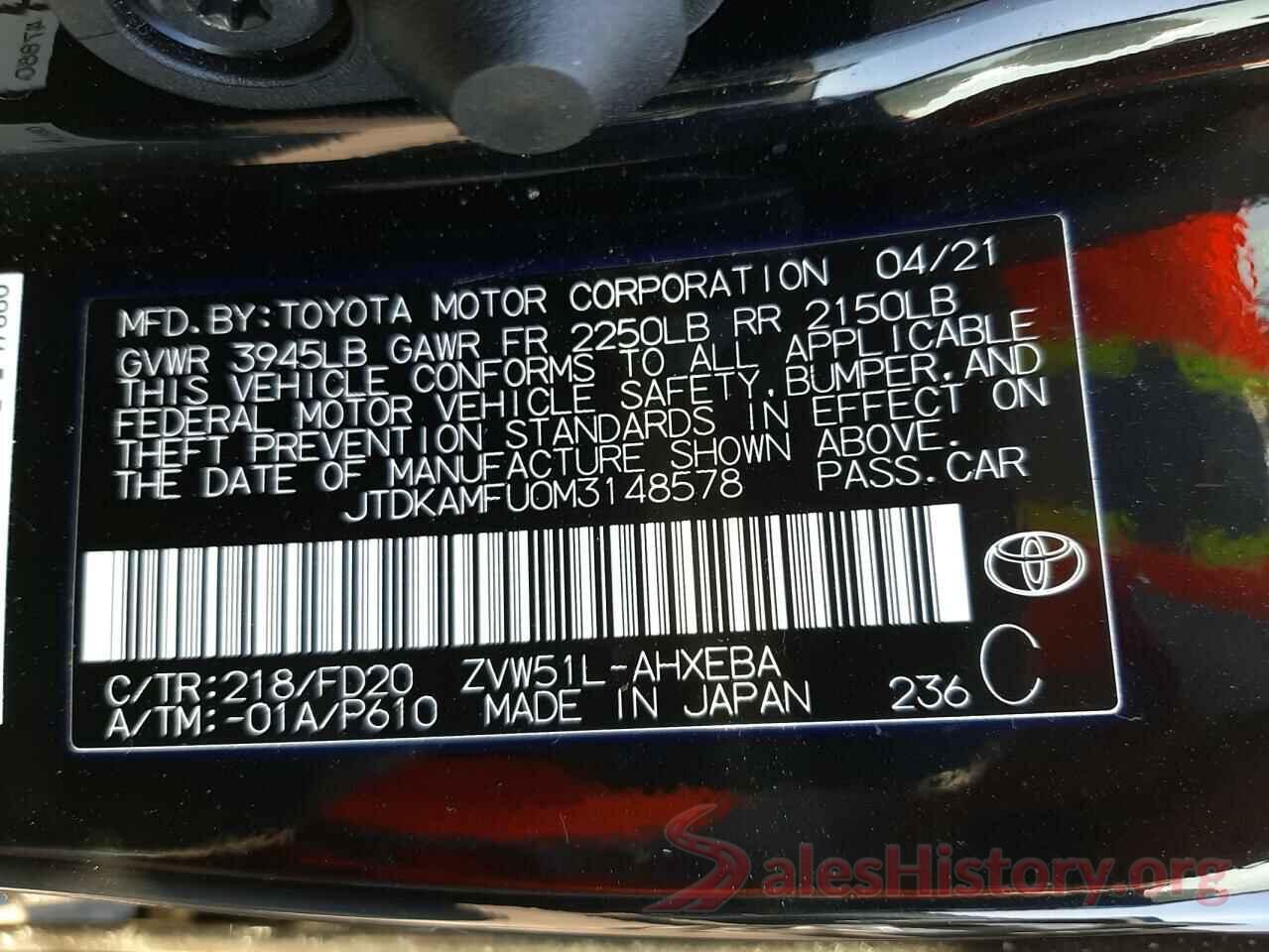 JTDKAMFU0M3148578 2021 TOYOTA PRIUS