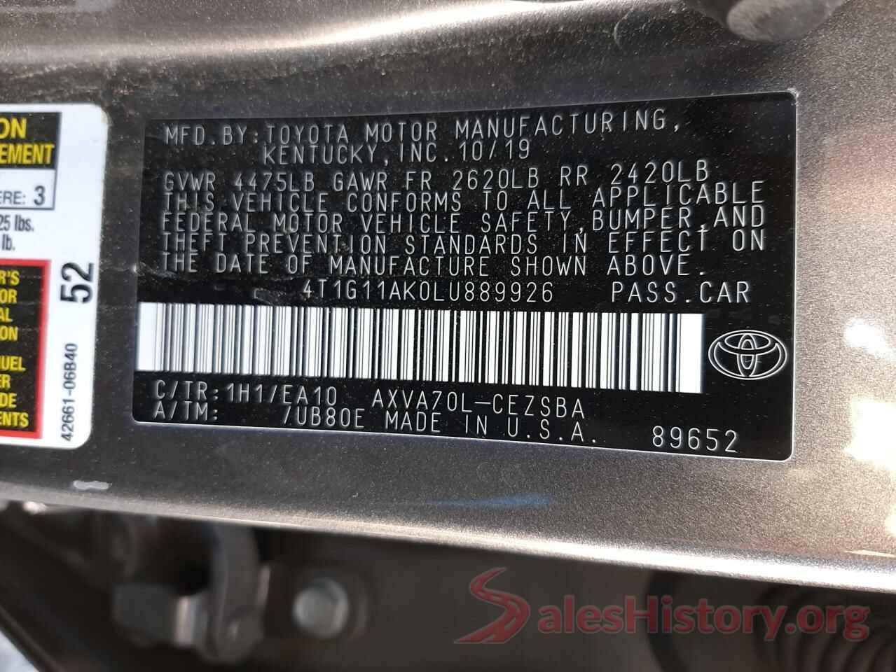 4T1G11AK0LU889926 2020 TOYOTA CAMRY