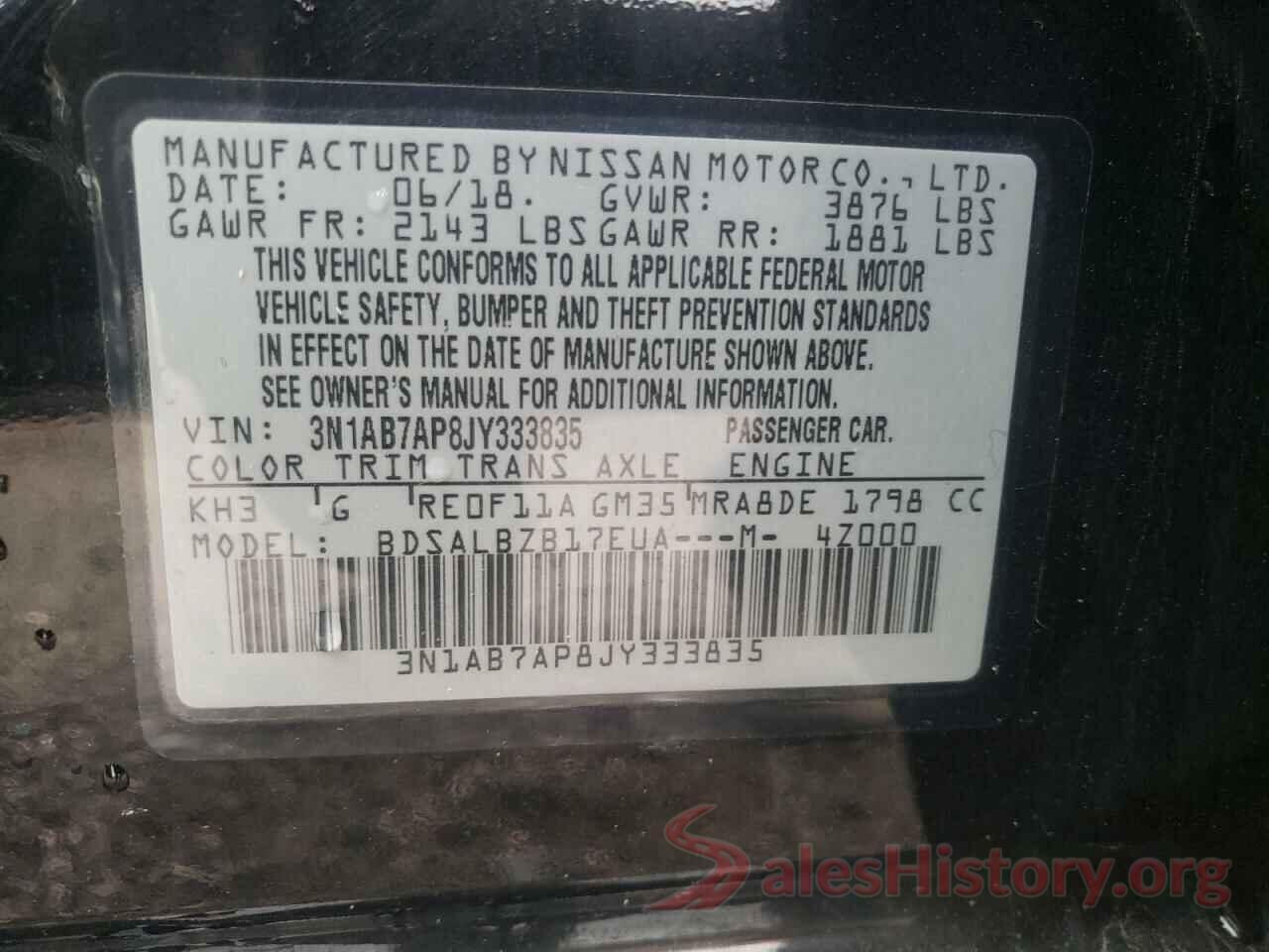 3N1AB7AP8JY333835 2018 NISSAN SENTRA