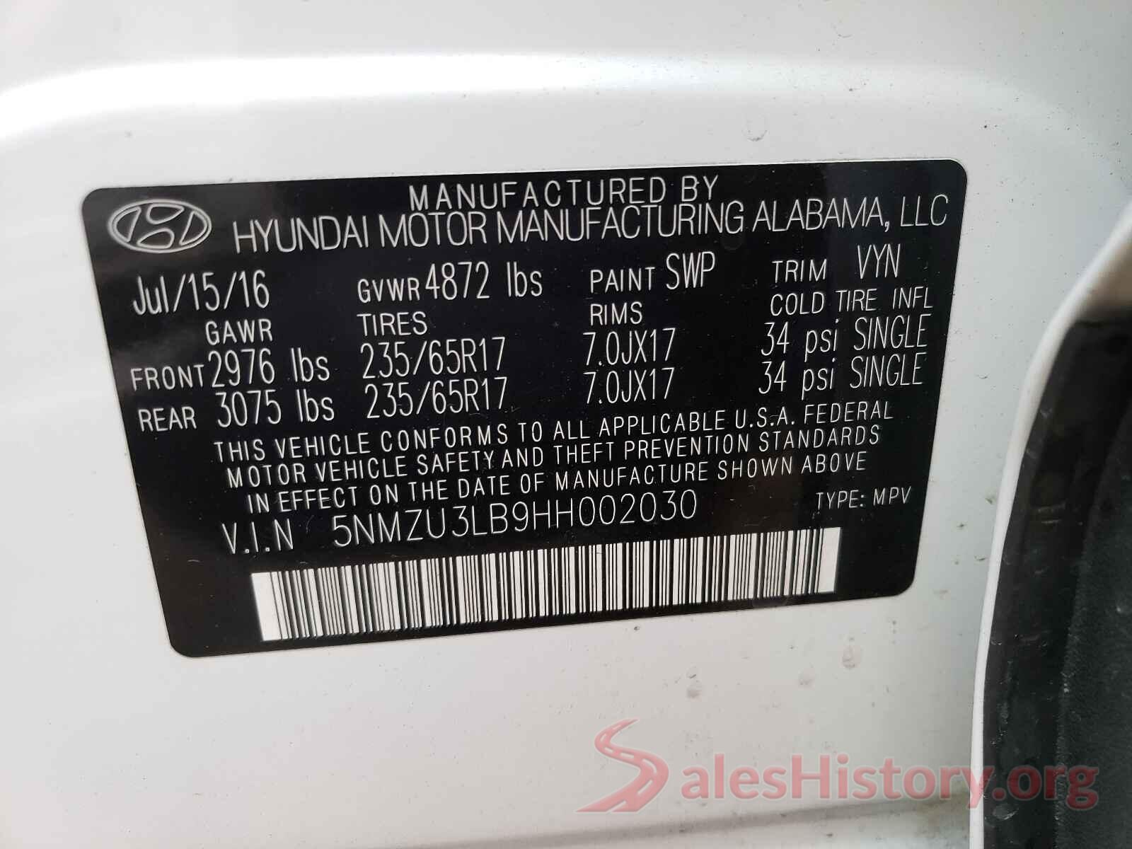 5NMZU3LB9HH002030 2017 HYUNDAI SANTA FE