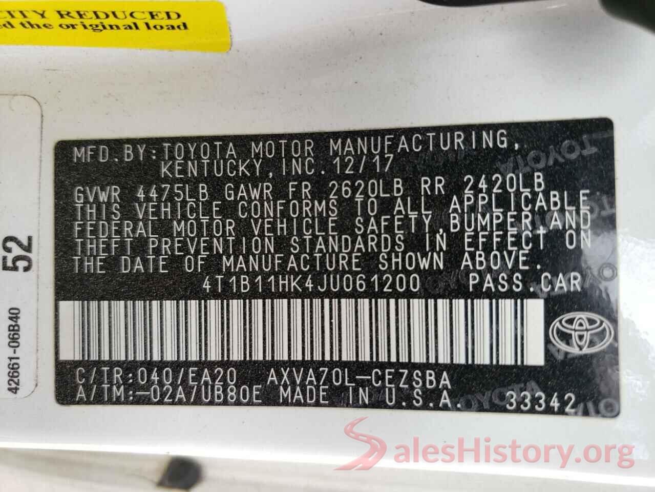 4T1B11HK4JU061200 2018 TOYOTA CAMRY