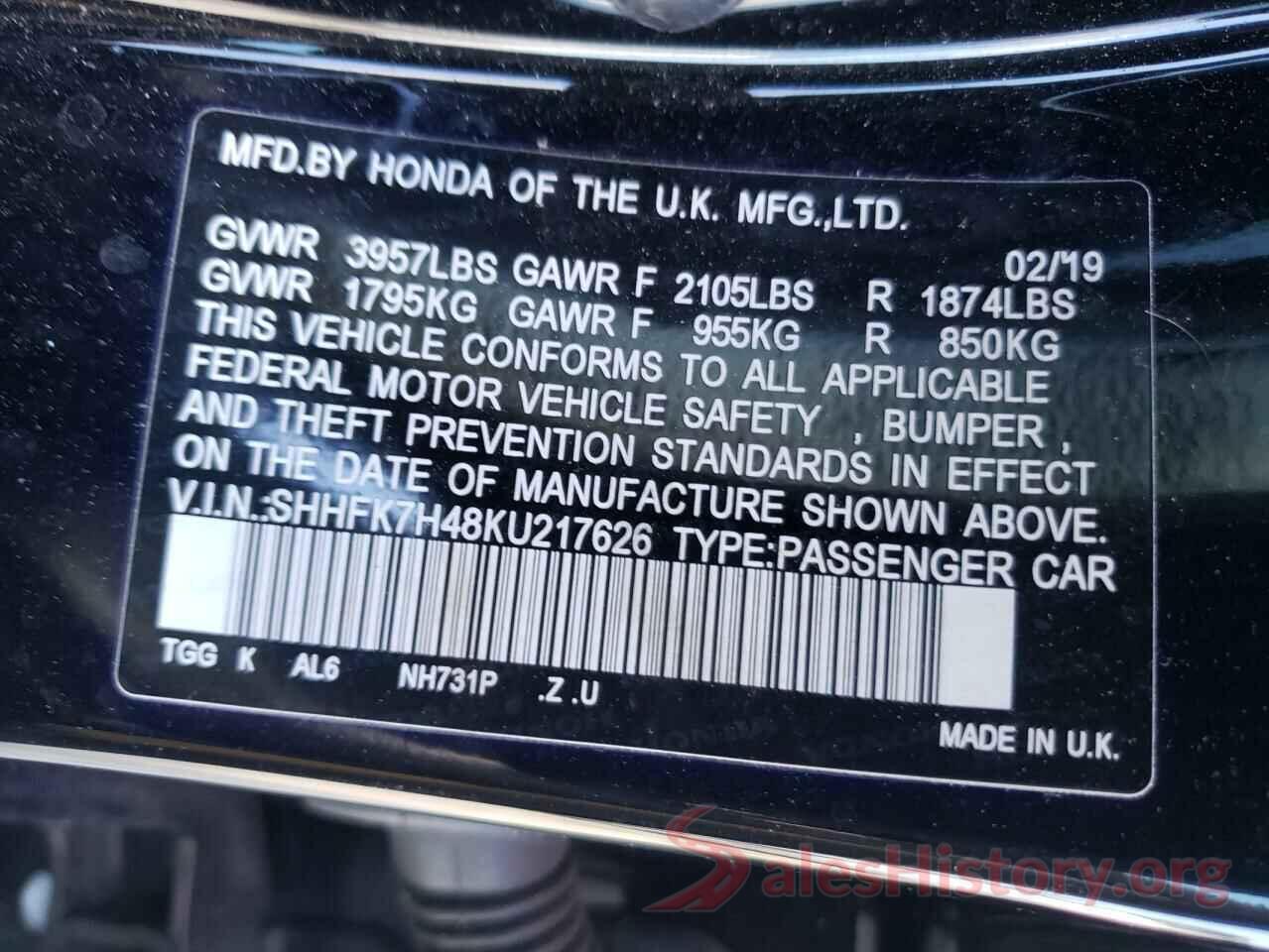 SHHFK7H48KU217626 2019 HONDA CIVIC