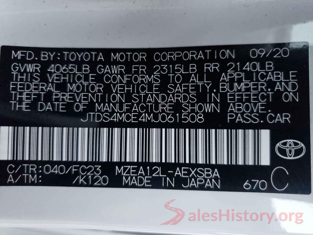 JTDS4MCE4MJ061508 2021 TOYOTA COROLLA