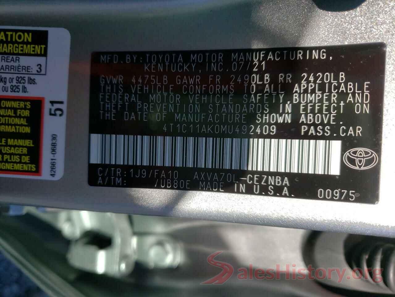 4T1C11AK0MU492409 2021 TOYOTA CAMRY