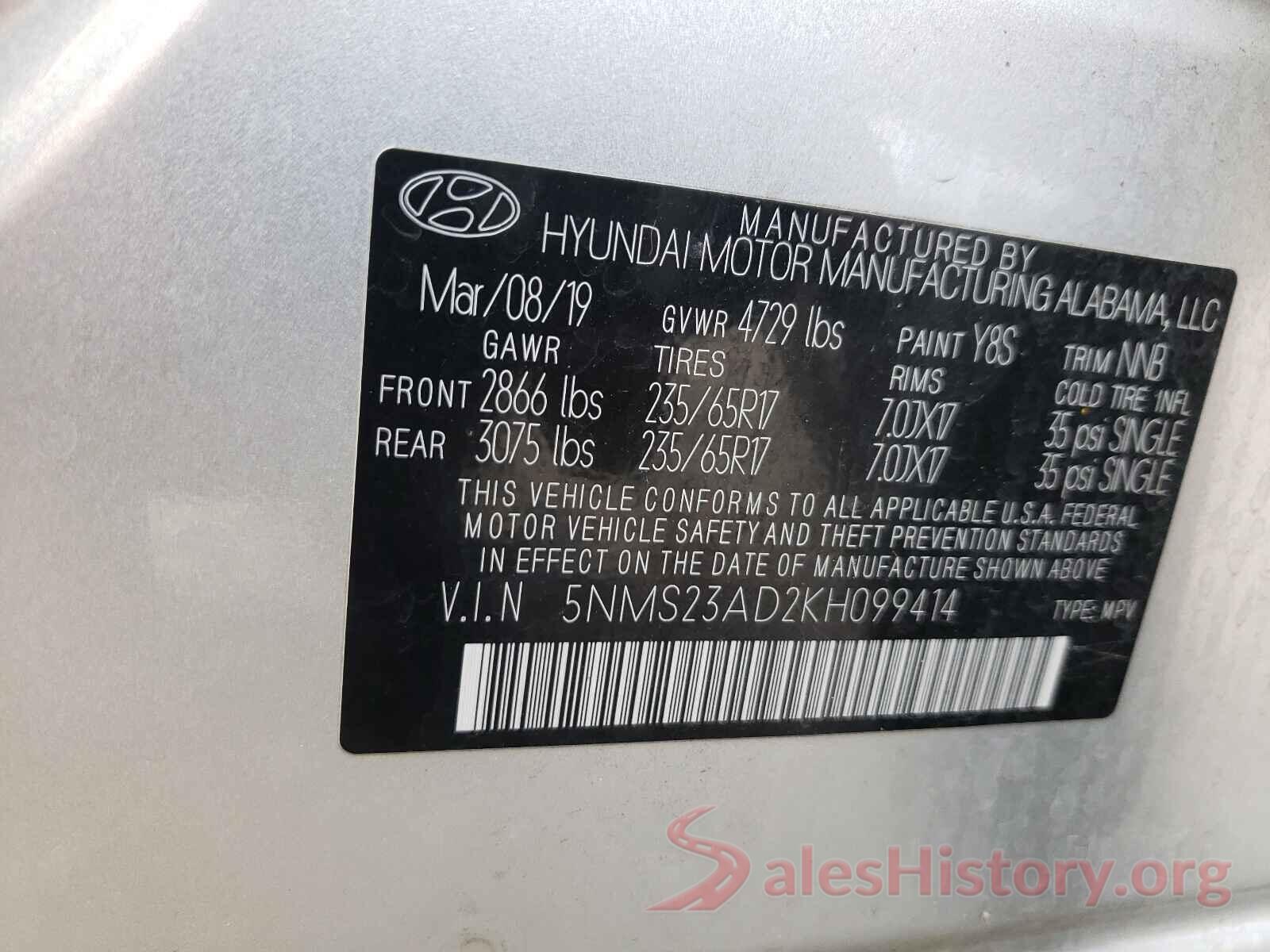 5NMS23AD2KH099414 2019 HYUNDAI SANTA FE