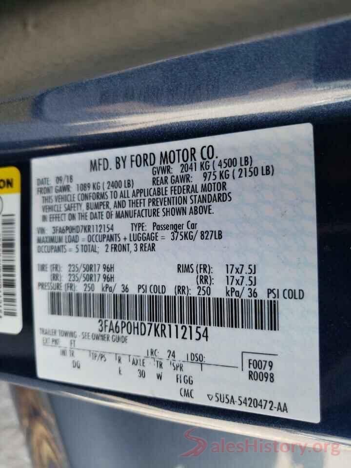 3FA6P0HD7KR112154 2019 FORD FUSION