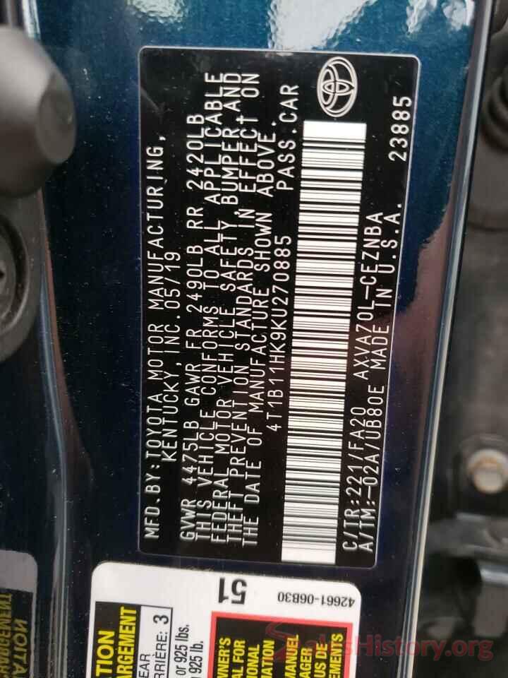 4T1B11HK9KU270885 2019 TOYOTA CAMRY