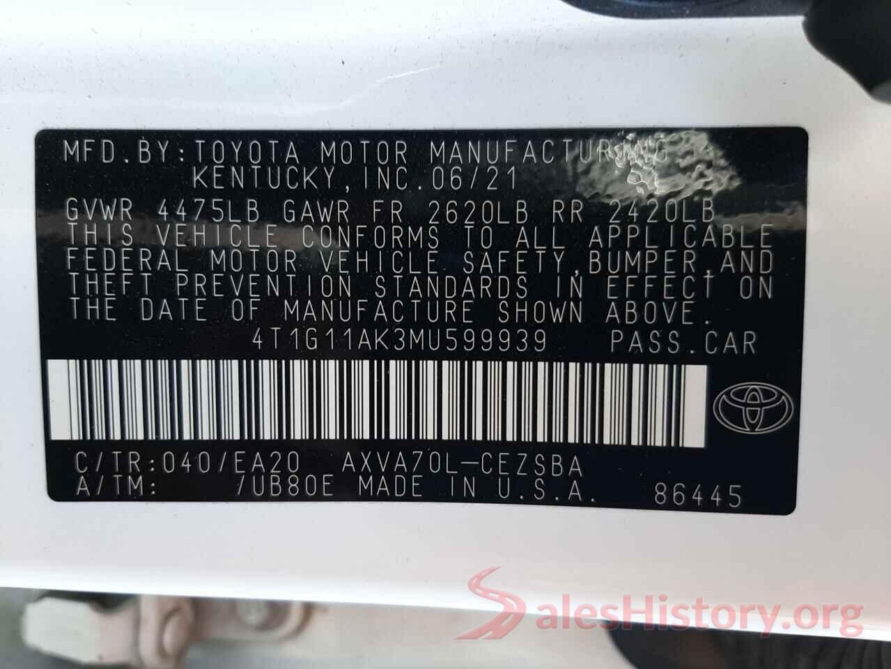 4T1G11AK3MU599939 2021 TOYOTA CAMRY