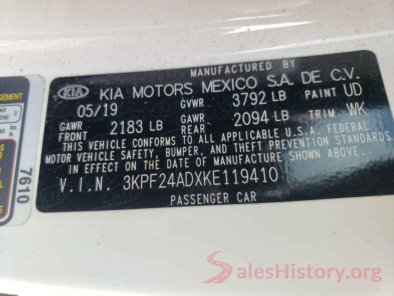 3KPF24ADXKE119410 2019 KIA FORTE