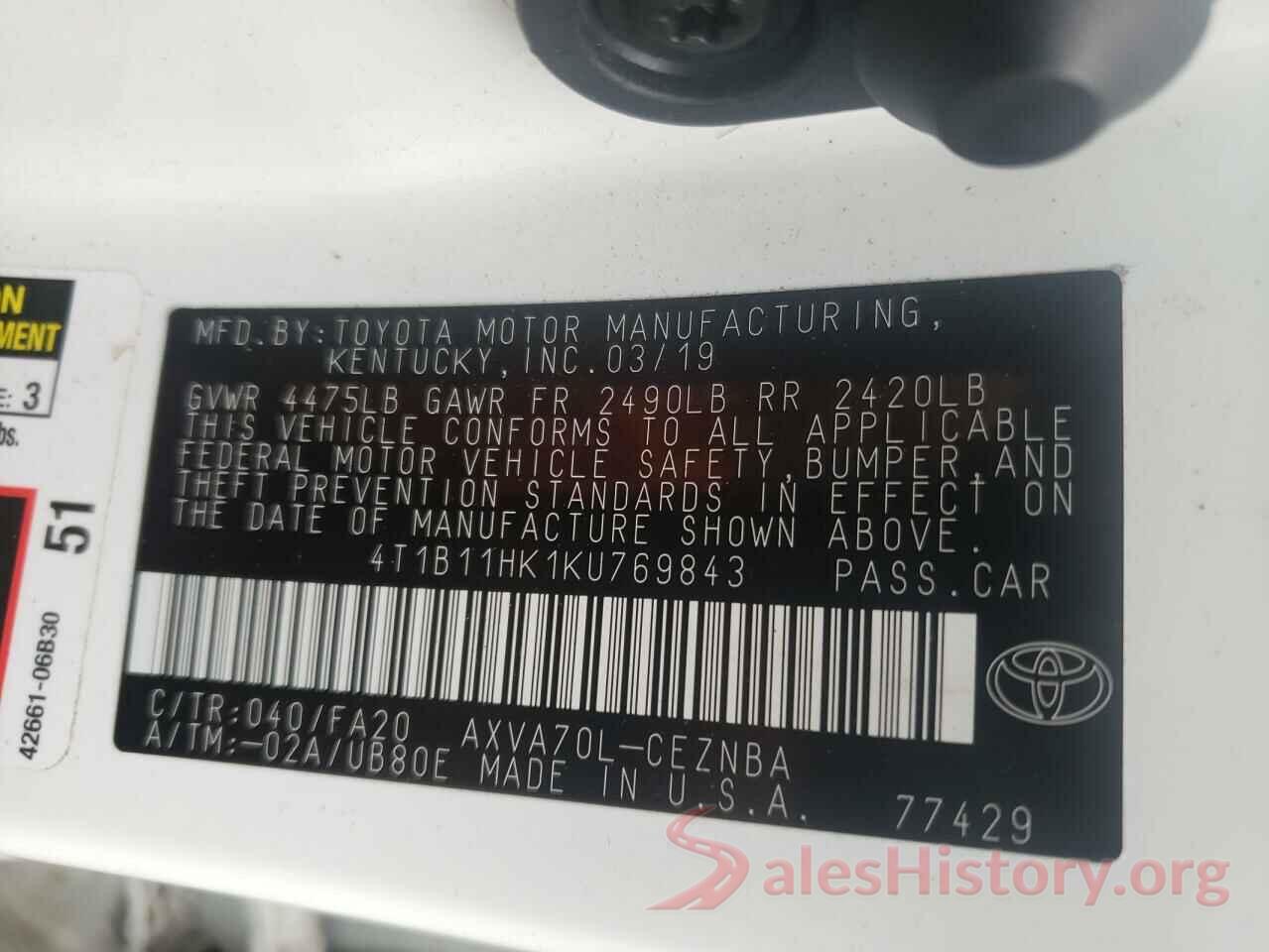 4T1B11HK1KU769843 2019 TOYOTA CAMRY