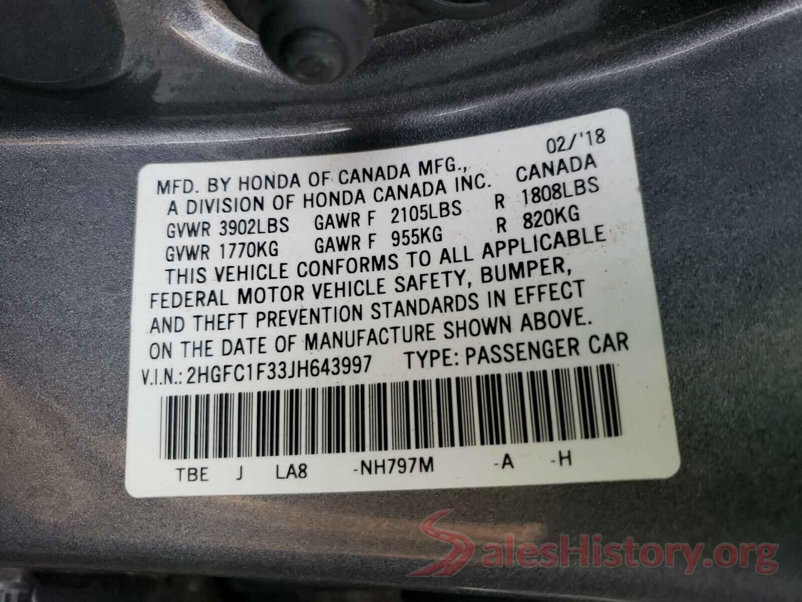 2HGFC1F33JH643997 2018 HONDA CIVIC