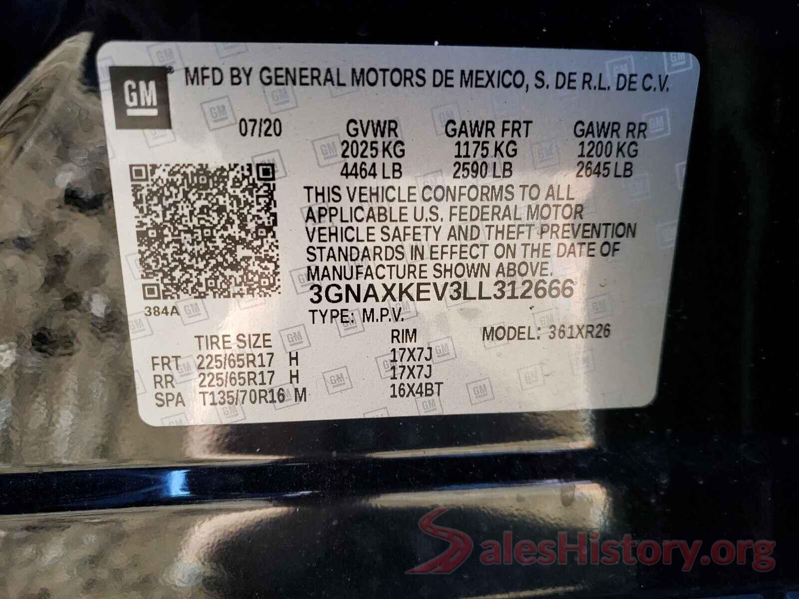 3GNAXKEV3LL312666 2020 CHEVROLET EQUINOX