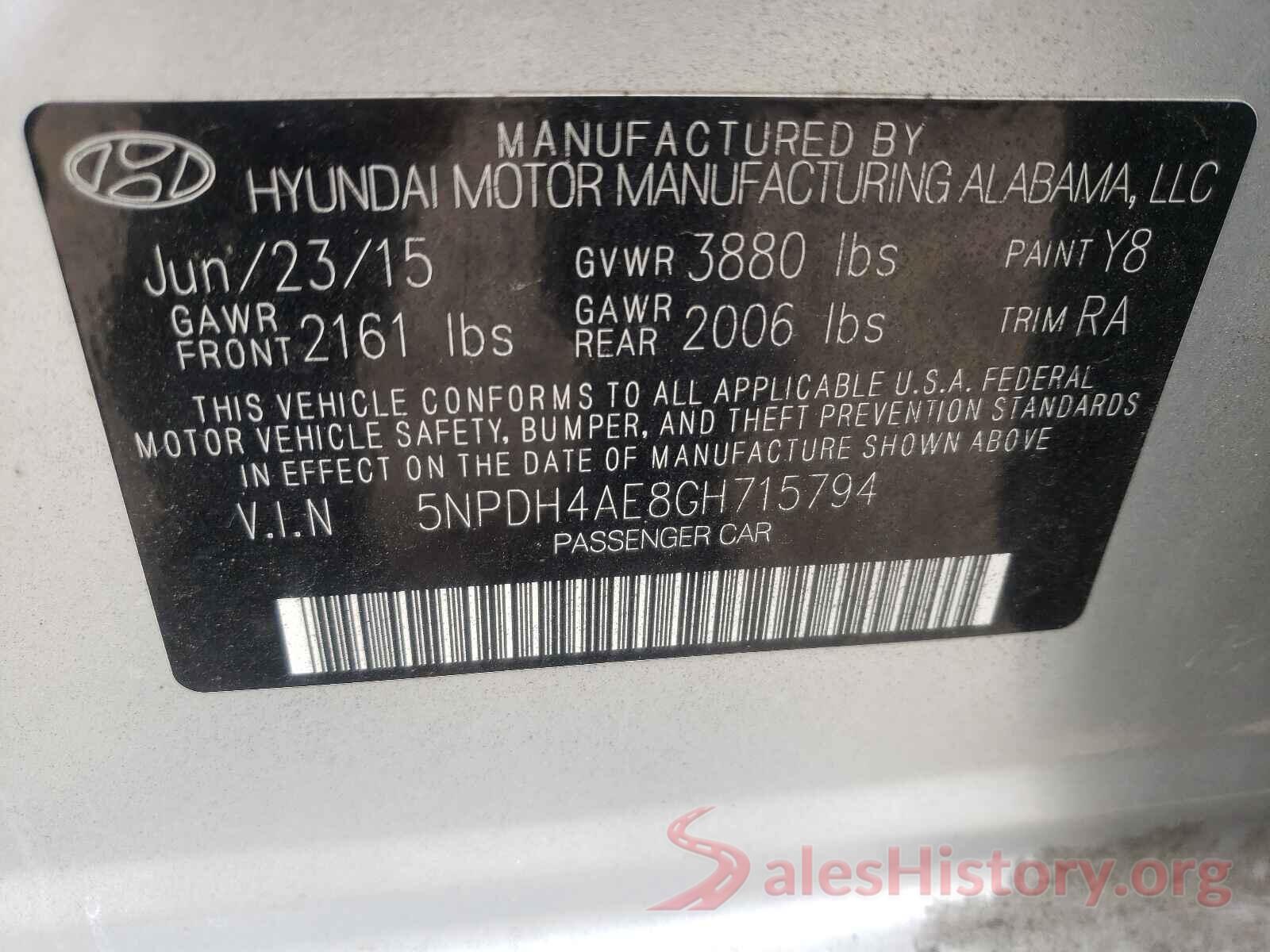 5NPDH4AE8GH715794 2016 HYUNDAI ELANTRA