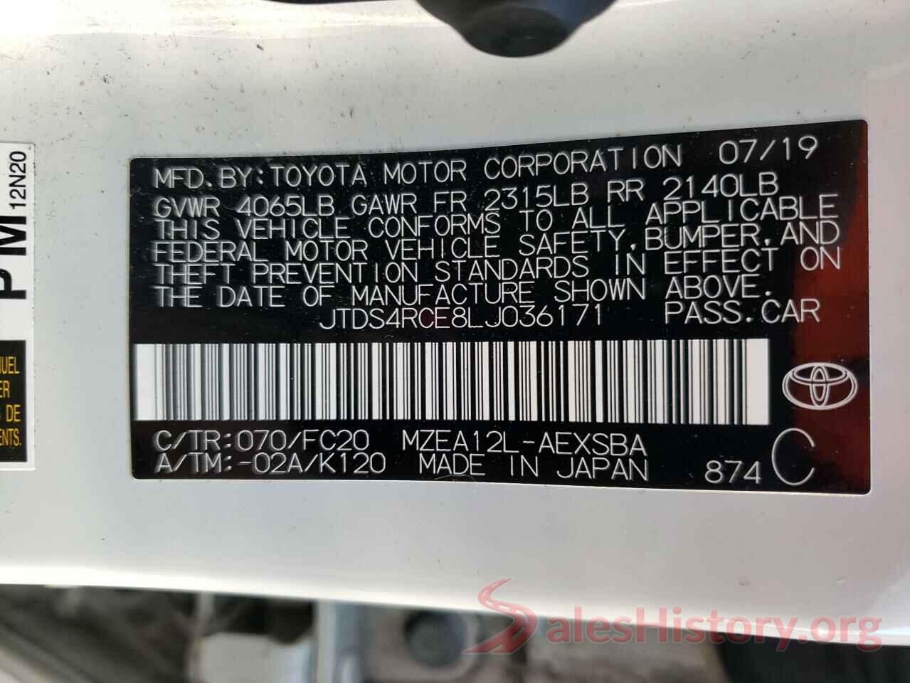 JTDS4RCE8LJ036171 2020 TOYOTA COROLLA