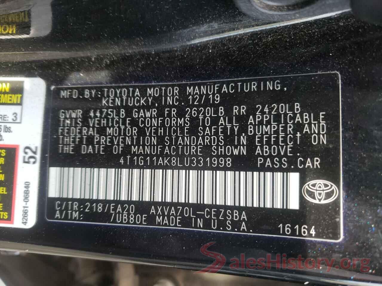 4T1G11AK8LU331998 2020 TOYOTA CAMRY