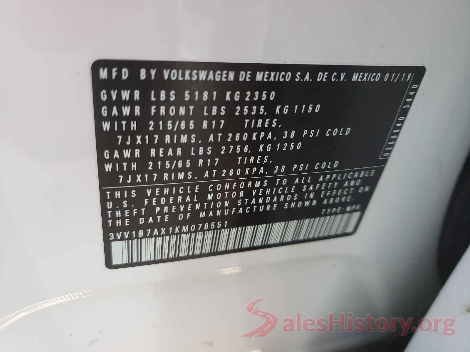 3VV1B7AX1KM078551 2019 VOLKSWAGEN TIGUAN