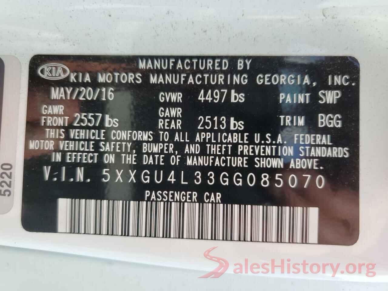 5XXGU4L33GG085070 2016 KIA OPTIMA