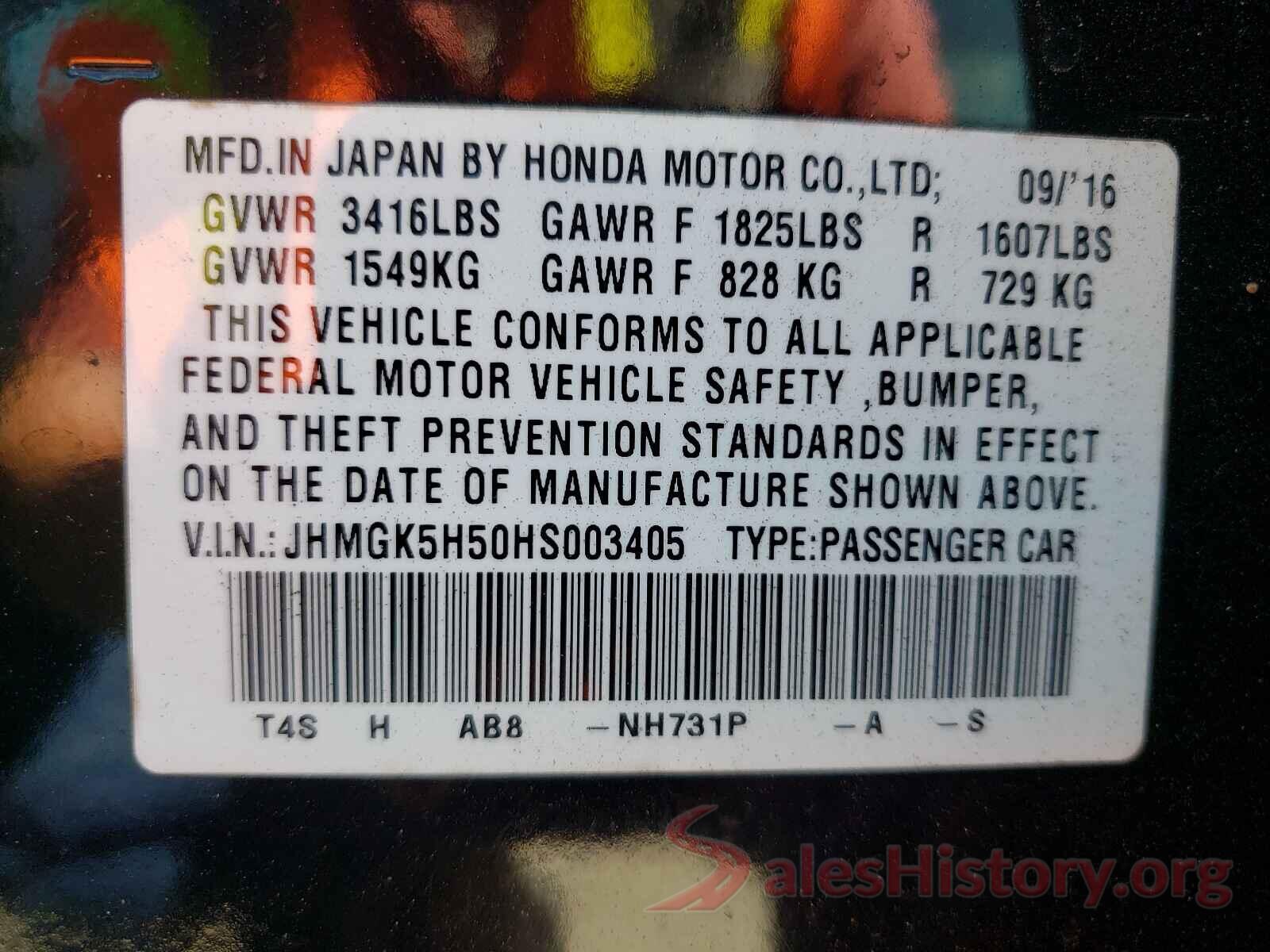 JHMGK5H50HS003405 2017 HONDA FIT