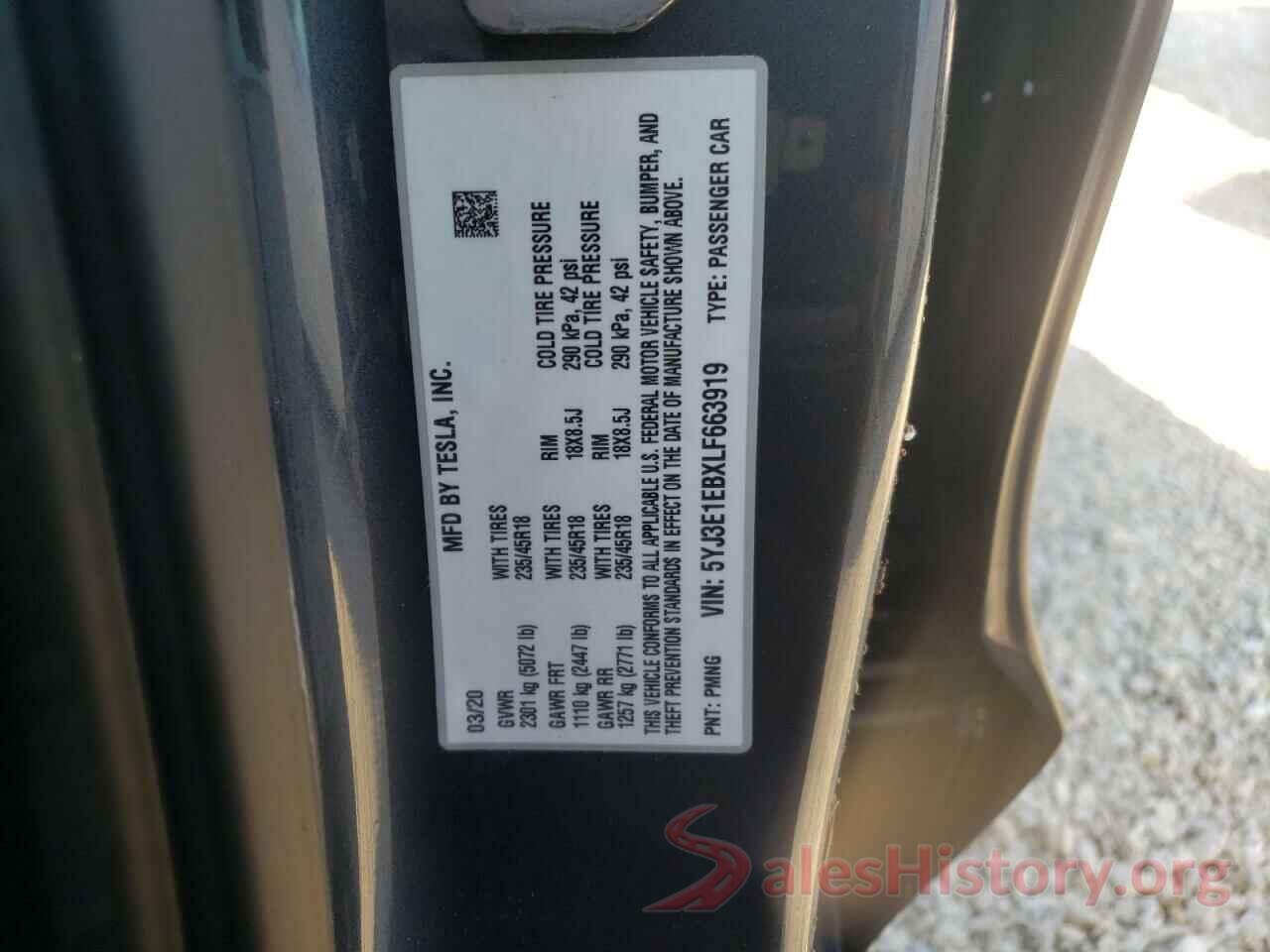 5YJ3E1EBXLF663919 2020 TESLA MODEL 3