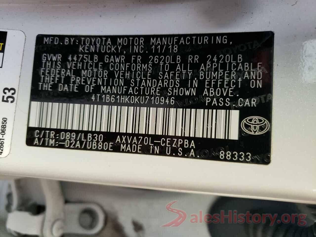 4T1B61HK0KU710946 2019 TOYOTA CAMRY