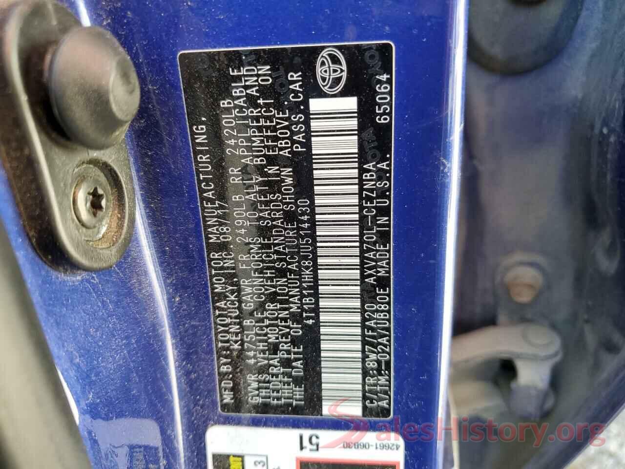 4T1B11HK8JU514430 2018 TOYOTA CAMRY