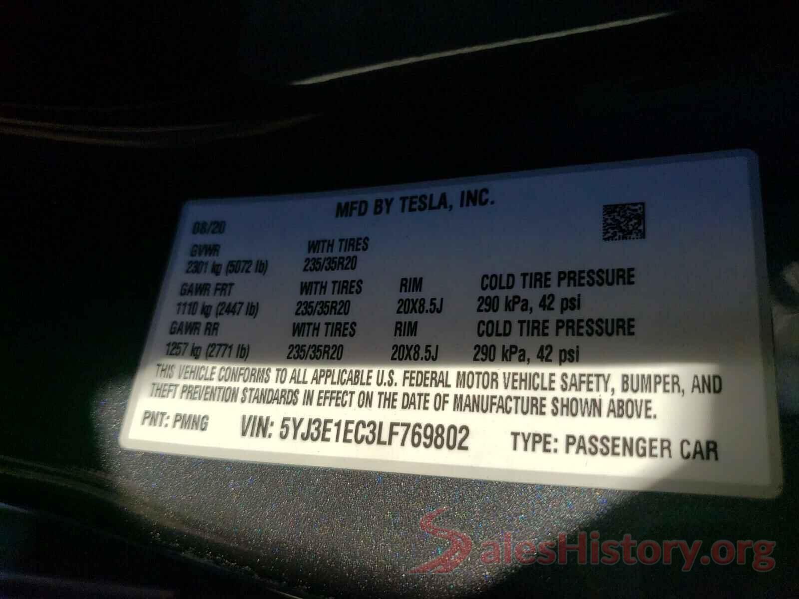 5YJ3E1EC3LF769802 2020 TESLA MODEL 3