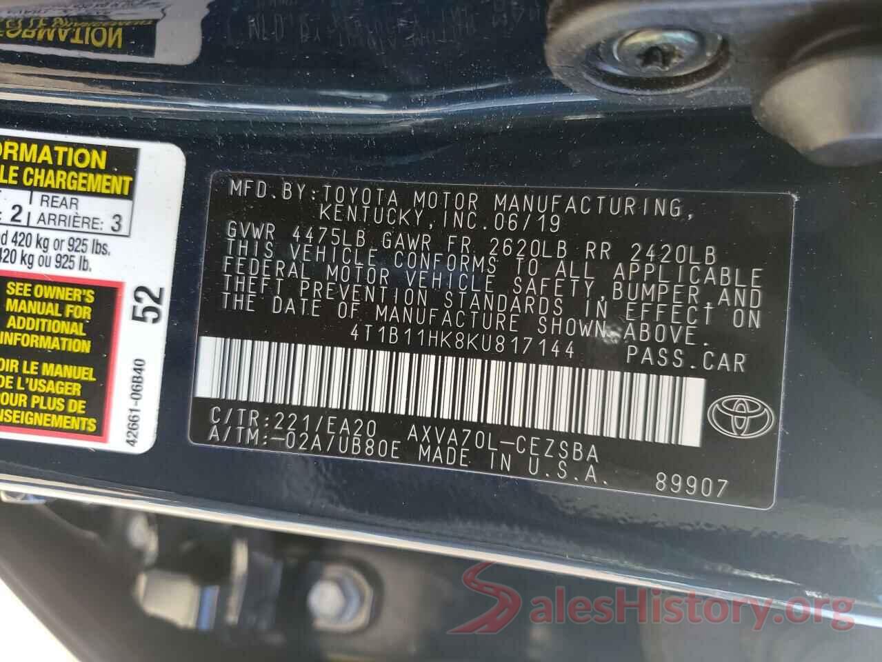 4T1B11HK8KU817144 2019 TOYOTA CAMRY