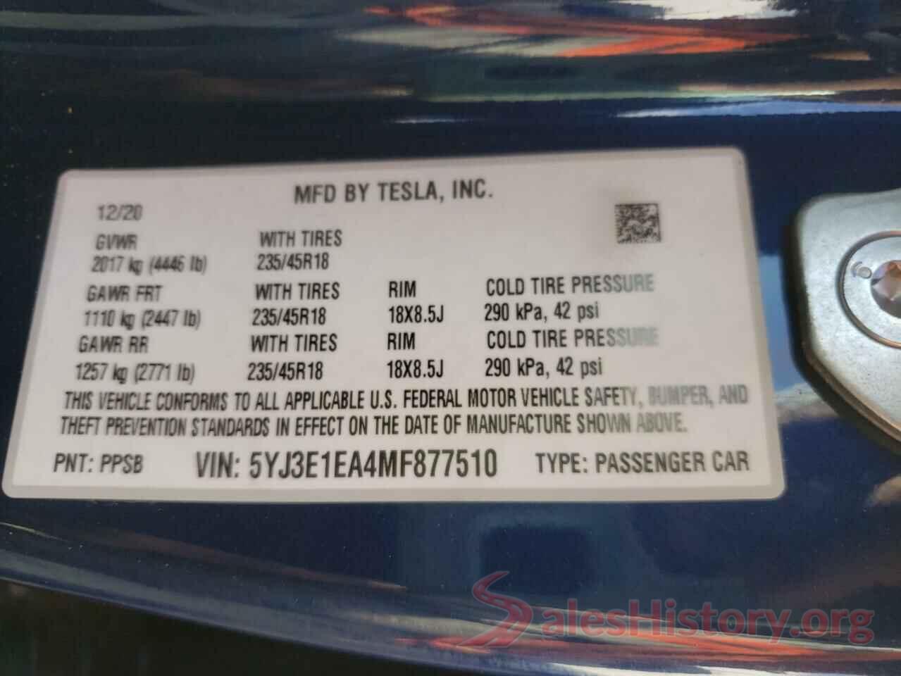 5YJ3E1EA4MF877510 2021 TESLA MODEL 3