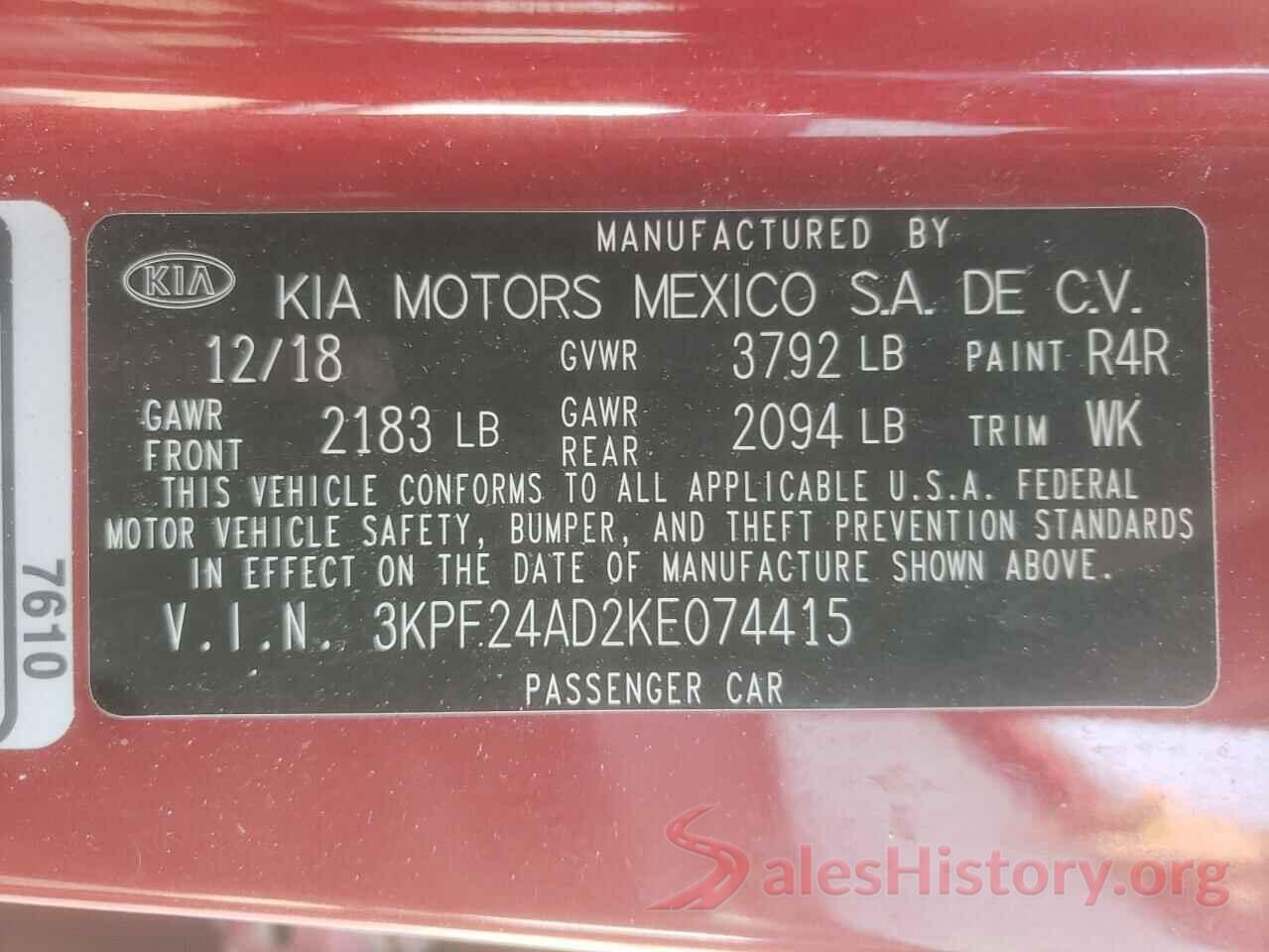 3KPF24AD2KE074415 2019 KIA FORTE