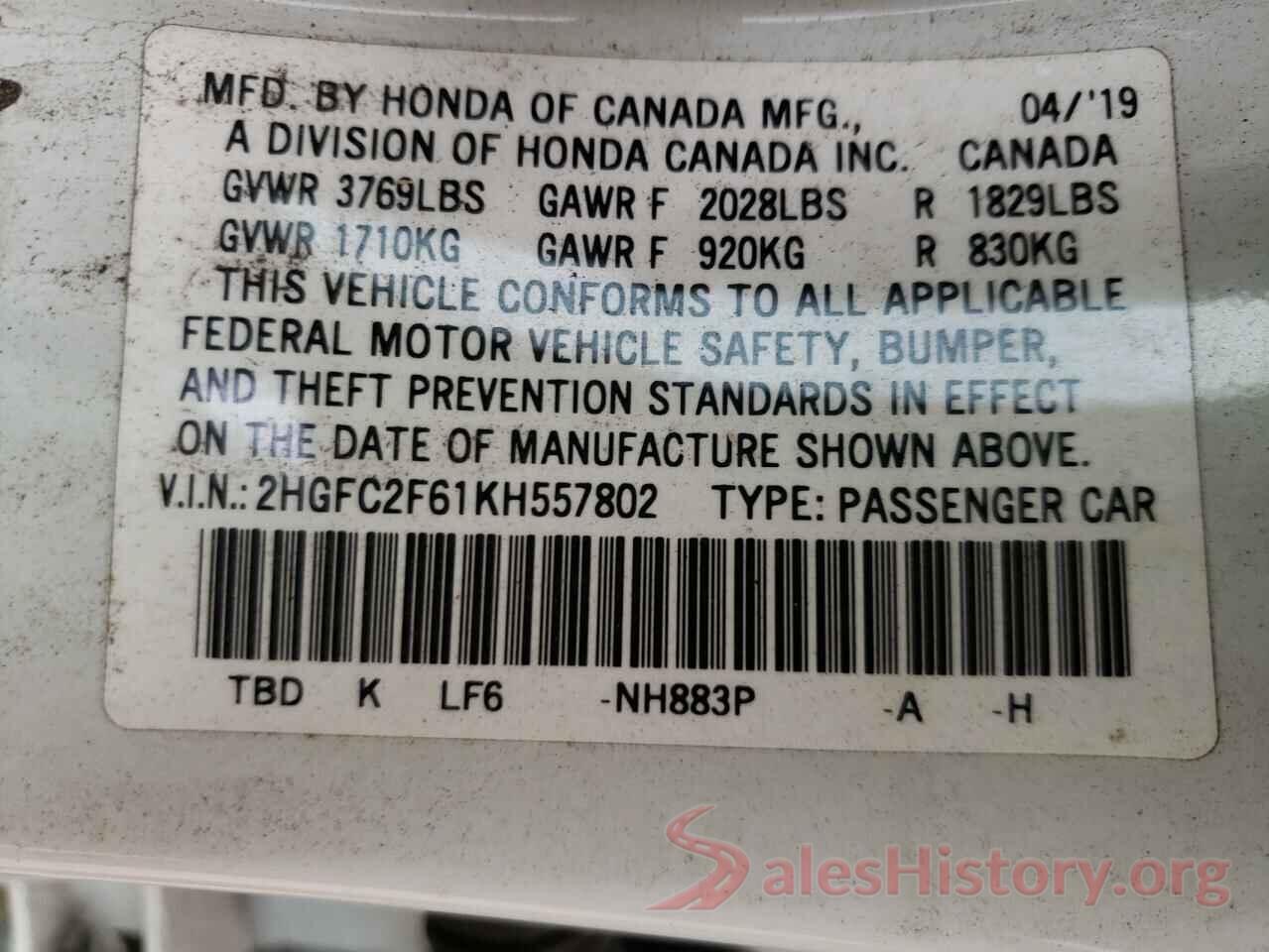 2HGFC2F61KH557802 2019 HONDA CIVIC