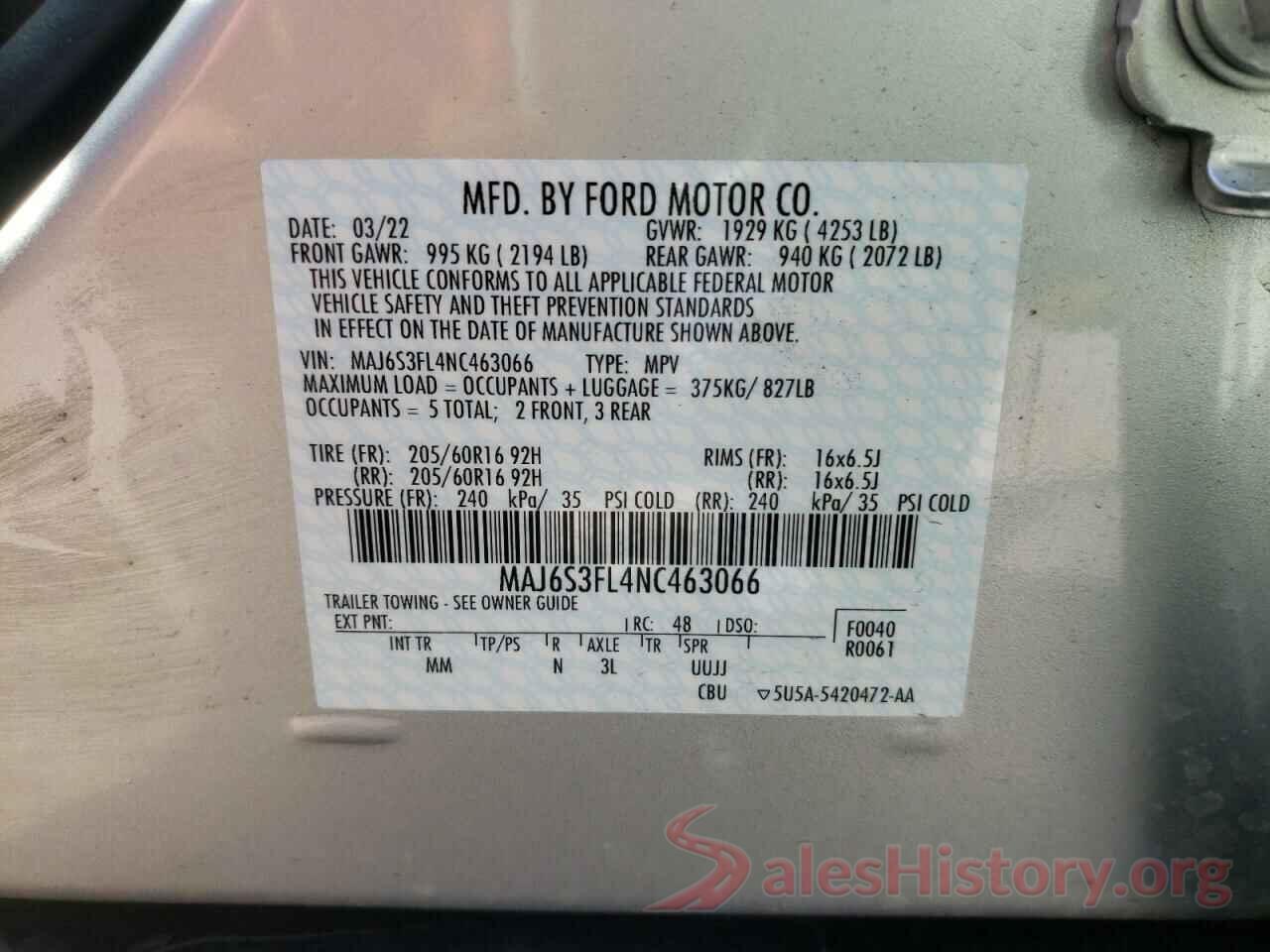 MAJ6S3FL4NC463066 2022 FORD ECOSPORT