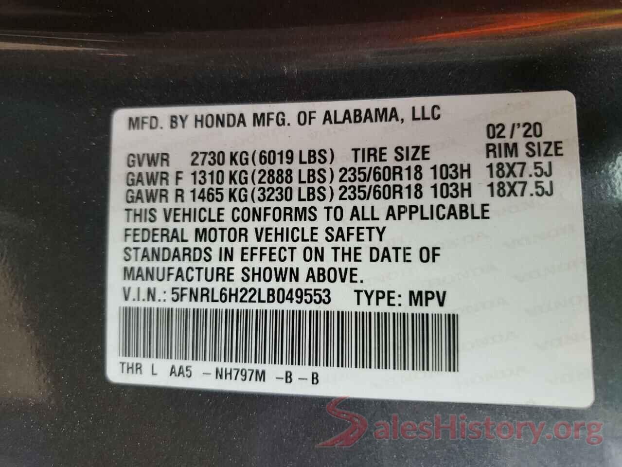 5FNRL6H22LB049553 2020 HONDA ODYSSEY