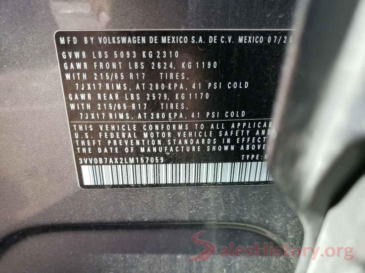 3VV0B7AX2LM157059 2020 VOLKSWAGEN TIGUAN