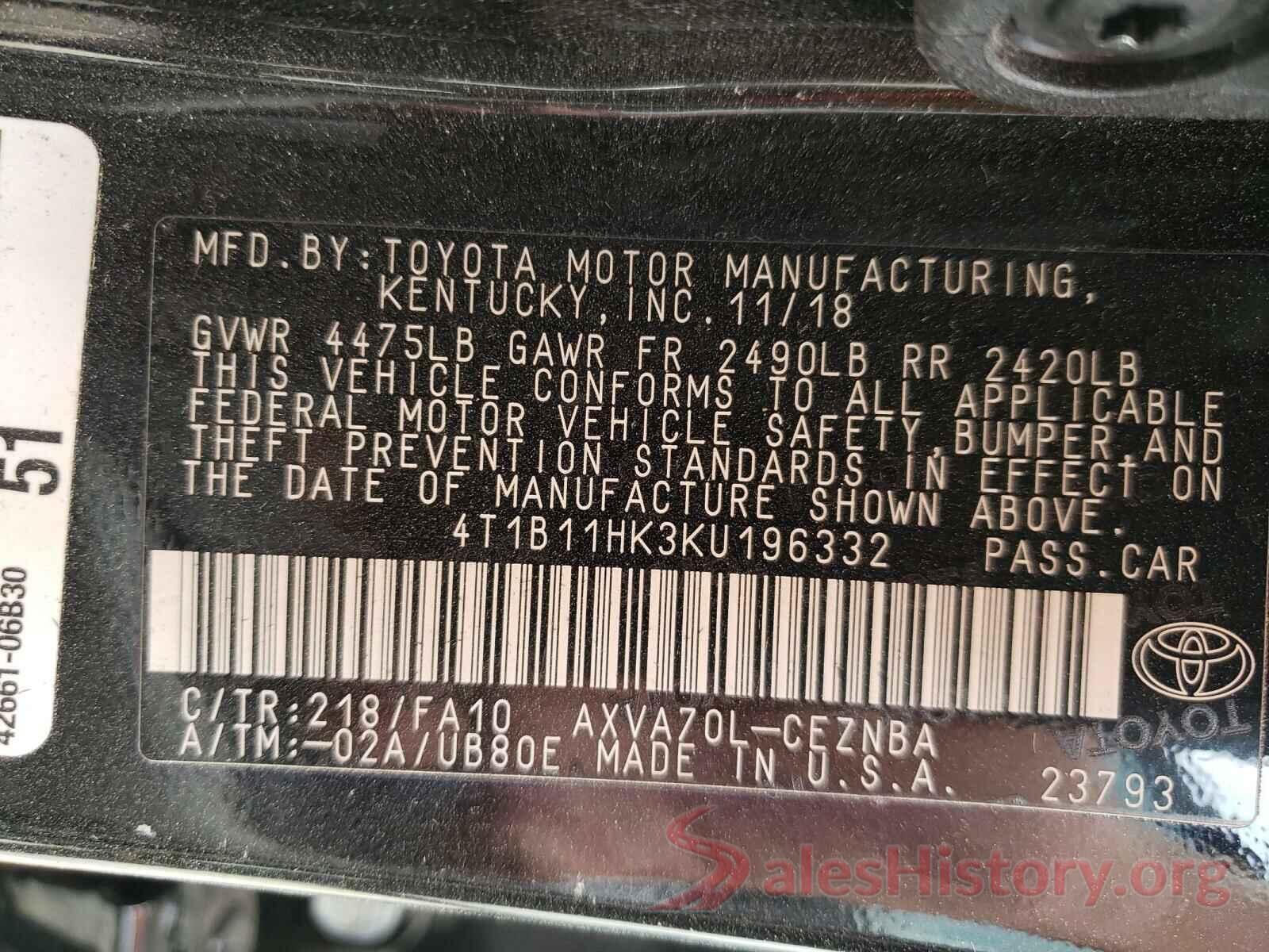 4T1B11HK3KU196332 2019 TOYOTA CAMRY