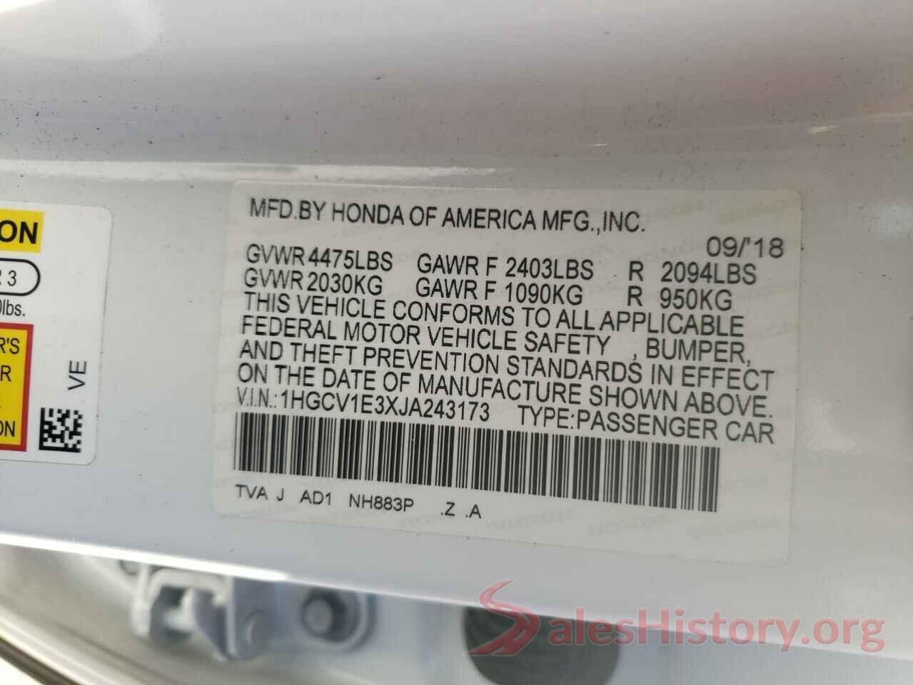 1HGCV1E3XJA243173 2018 HONDA ACCORD