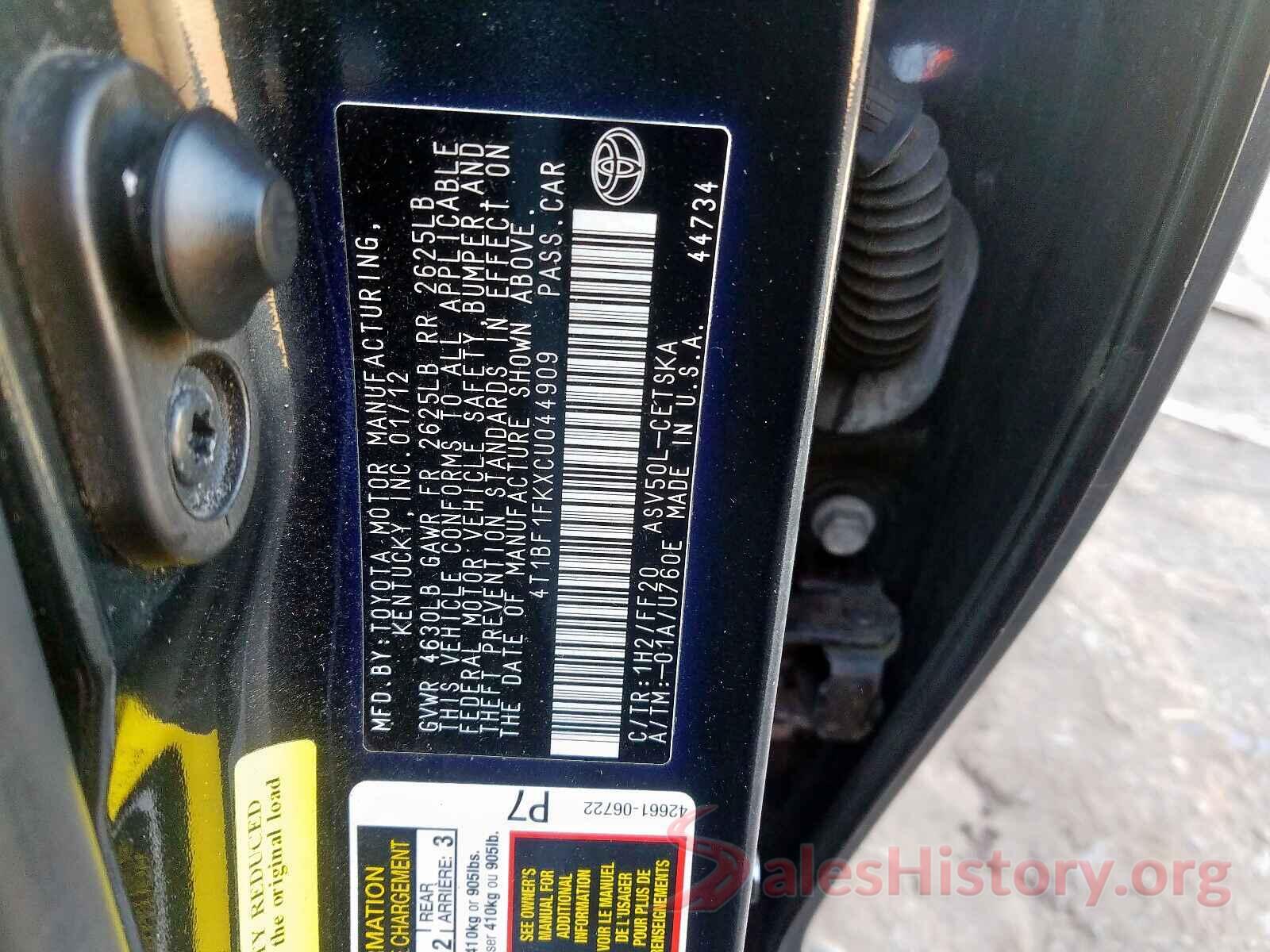 4T1BF1FKXCU044909 2012 TOYOTA CAMRY BASE