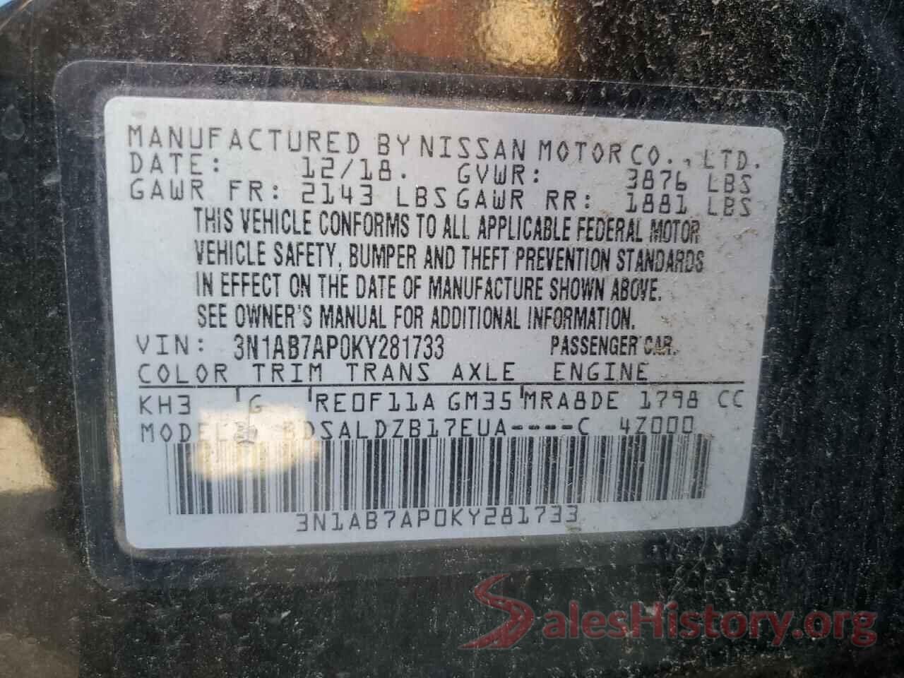 3N1AB7AP0KY281733 2019 NISSAN SENTRA