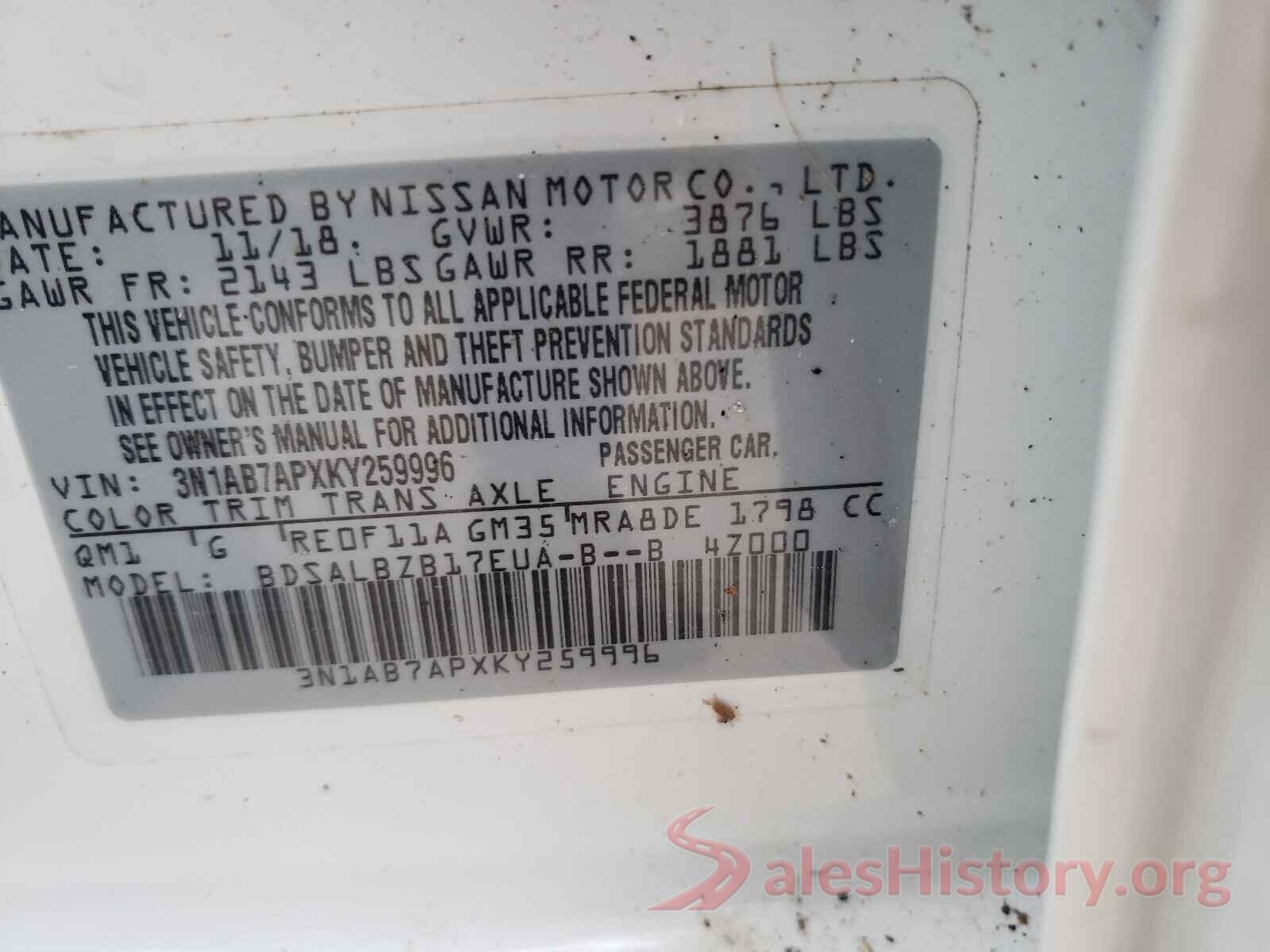 3N1AB7APXKY259996 2019 NISSAN SENTRA