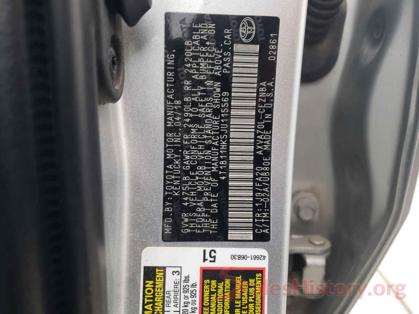 4T1B11HK5JU115569 2018 TOYOTA CAMRY