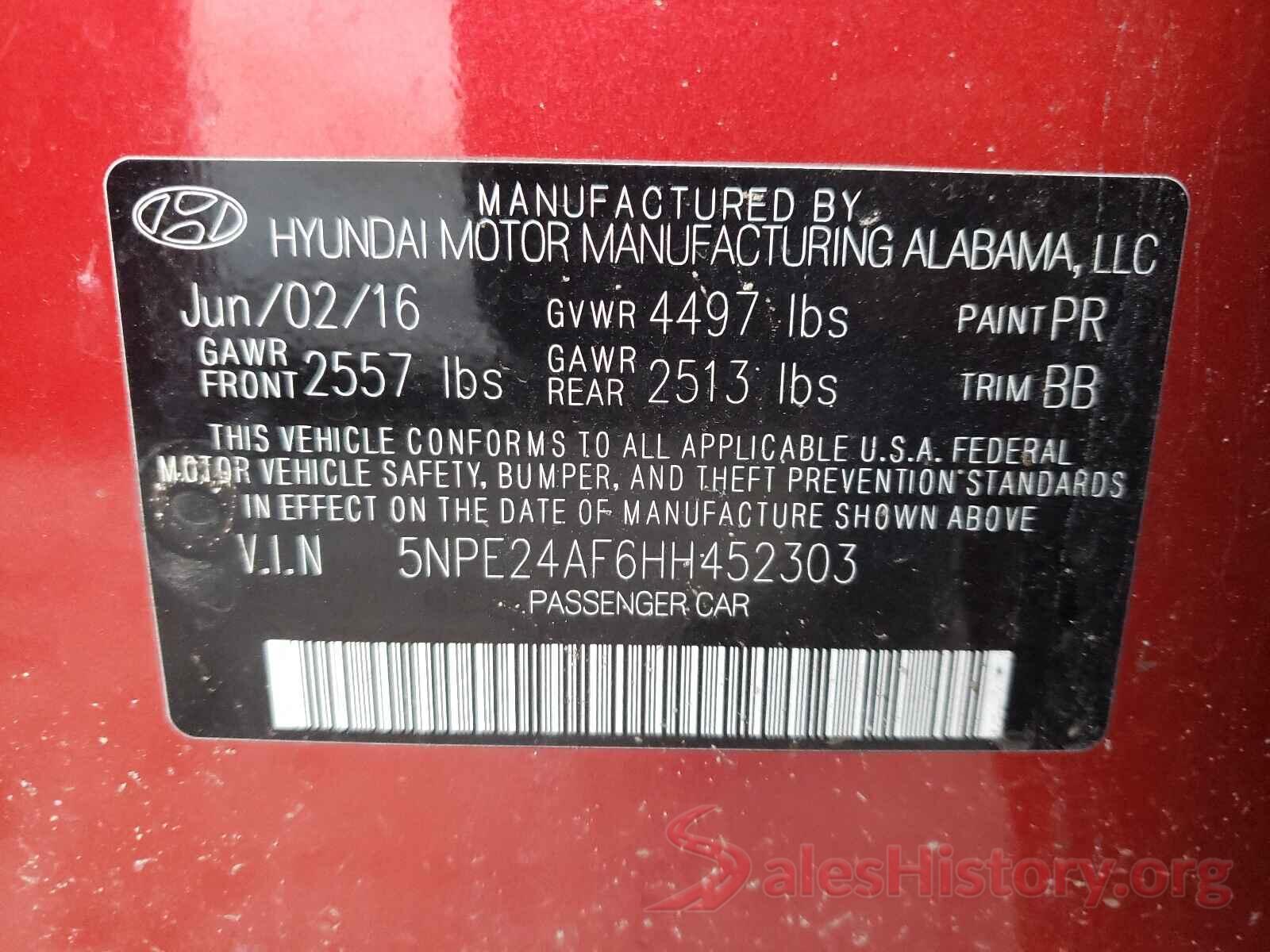 5NPE24AF6HH452303 2017 HYUNDAI SONATA