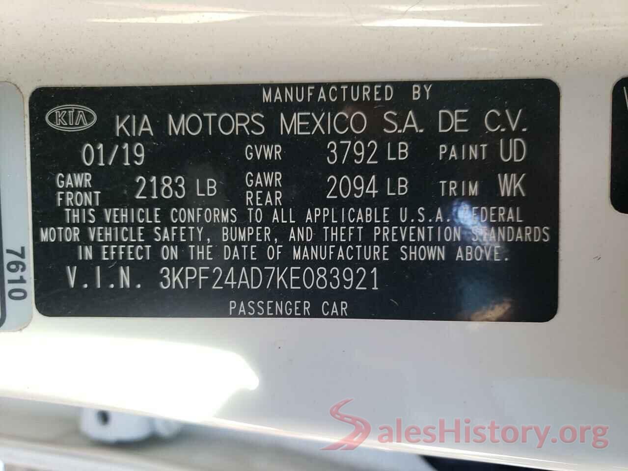 3KPF24AD7KE083921 2019 KIA FORTE