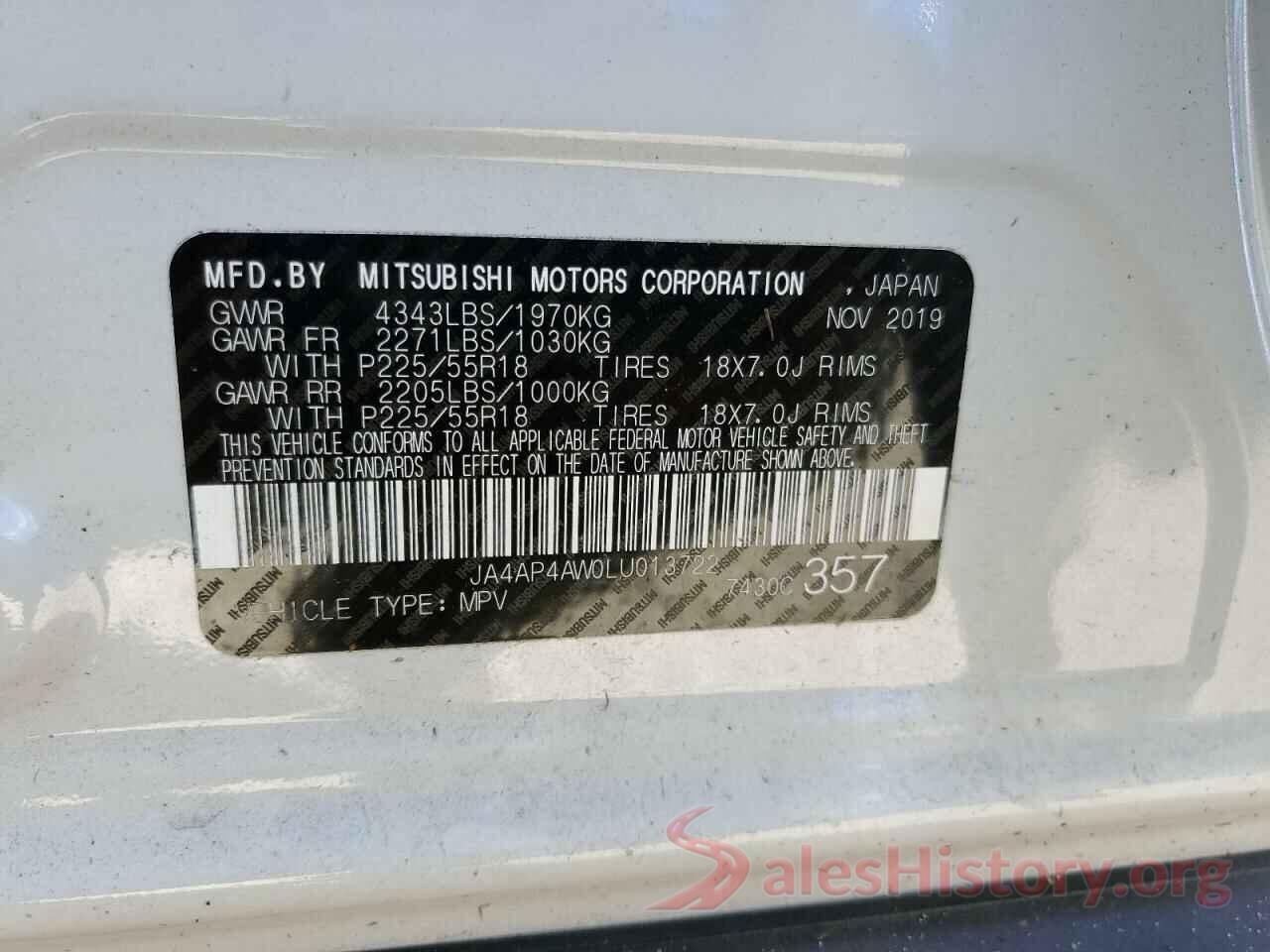 JA4AP4AW0LU013722 2020 MITSUBISHI OUTLANDER