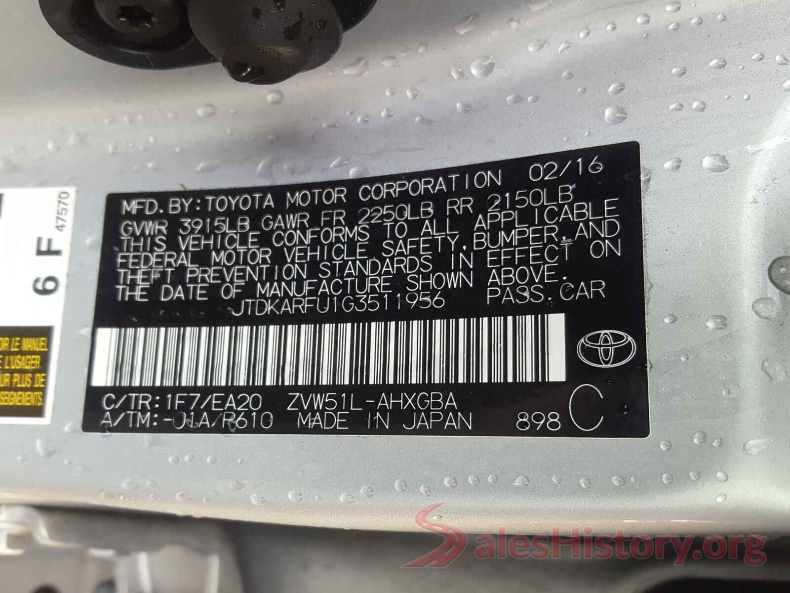 JTDKARFU1G3511956 2016 TOYOTA PRIUS