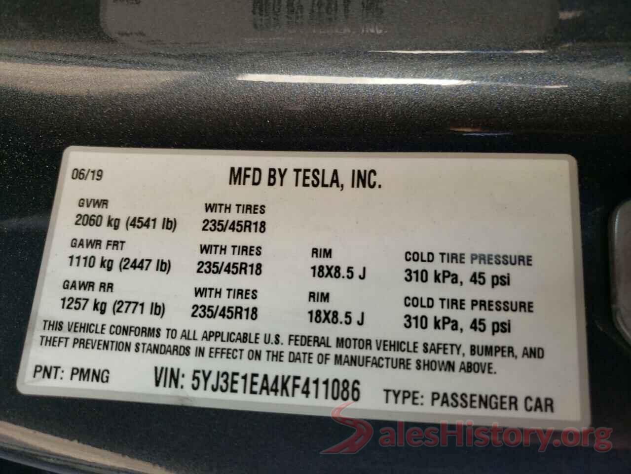 5YJ3E1EA4KF411086 2019 TESLA MODEL 3